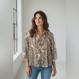 Ann Taylor Collared Paisley Blouse Beige Size XXS Petite